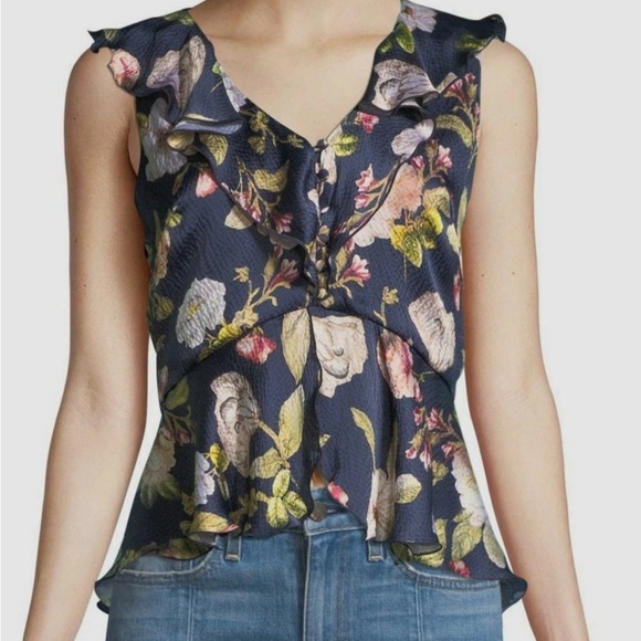 Alice + Olivia Tops - Alice + Olivia Blue Nora Floral Ruffle Silk Peplum Blouse Top Size 4 NWT $265
